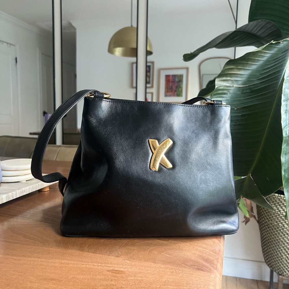 Paloma Picasso Black Leather Shoulder Bag with Gold Accents